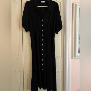 Black Button-Front Midi Dress with Shirred Waist